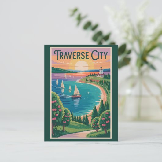 Traverse City Lake Michigan Illustratie Reizen Briefkaart (Staand voorkant)