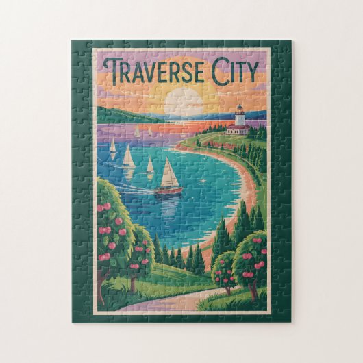 Traverse City Lake Michigan Illustratie Reizen Legpuzzel (Verticaal)
