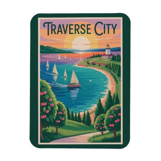 Traverse City Lake Michigan Illustratie Reizen Magneet (Verticaal)