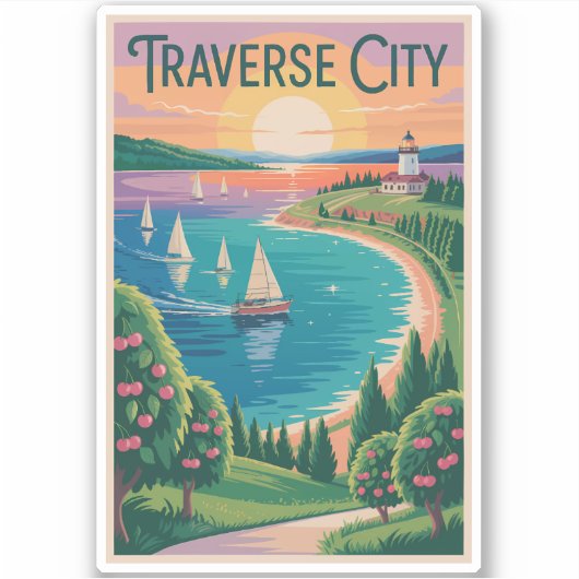 Traverse City Lake Michigan Illustratie Reizen Sticker (Voorkant)