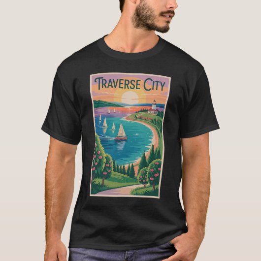 Traverse City Lake Michigan Illustratie Reizen T-shirt (Voorkant)