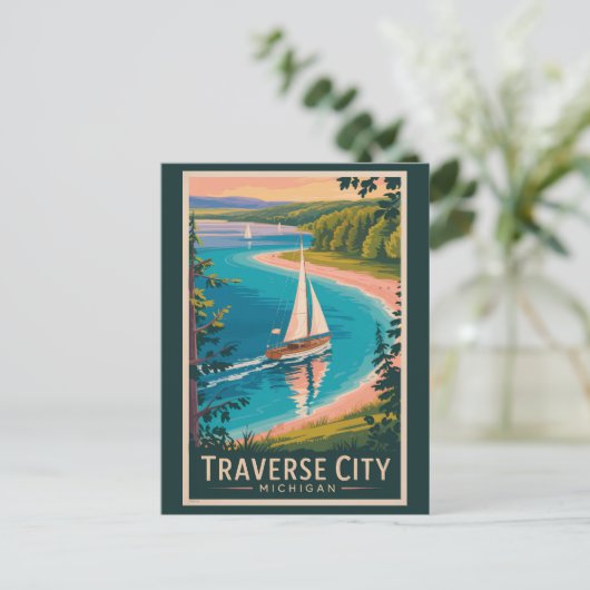 Traverse City Michigan Illustratie Reiskunst Briefkaart (Staand voorkant)