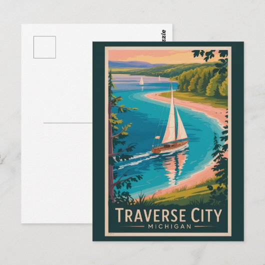 Traverse City Michigan Illustratie Reiskunst Briefkaart (Voorkant / Achterkant)