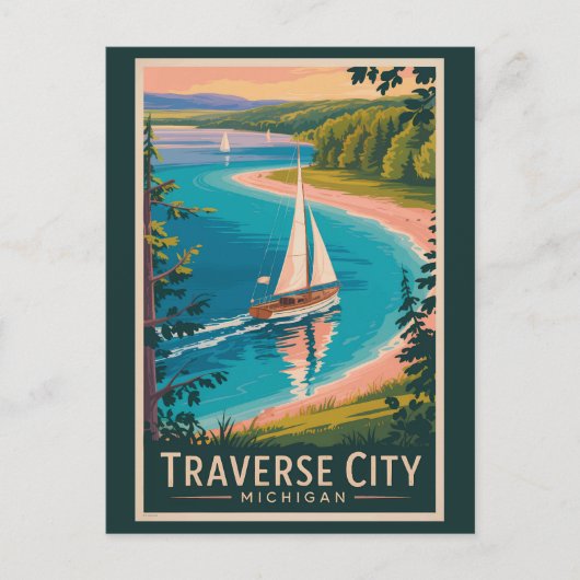 Traverse City Michigan Illustratie Reiskunst Briefkaart (Voorkant)