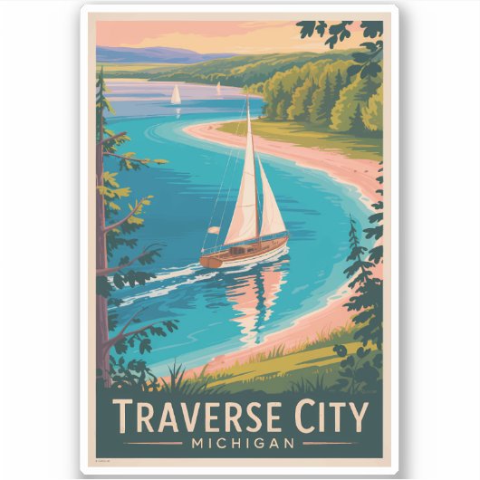 Traverse City Michigan Illustratie Reiskunst Sticker (Voorkant)