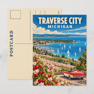 Traverse City Michigan Kersen kust Vintage Reizen Feestdagenkaart