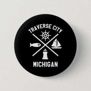 Traverse City Northern Michigan T-shirt Zeilboot Ronde Button 5,7 Cm