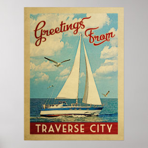 Traverse City Sailboot Vintage Travel Michigan Poster