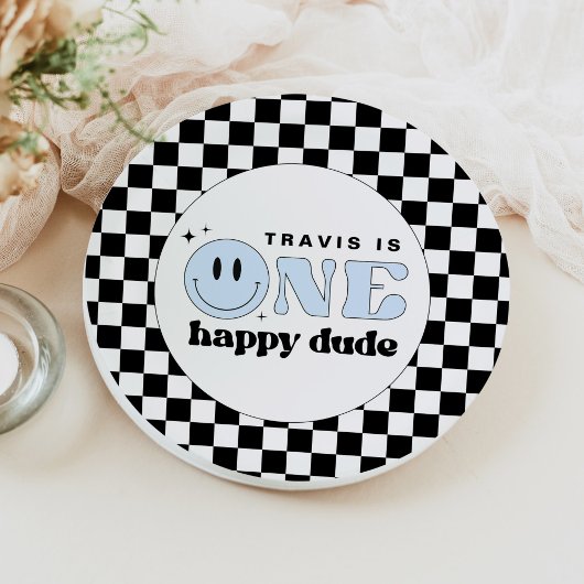 TRAVIS Blue One Happy Dude Glimlach Gezicht Verjaa Papieren Bordje