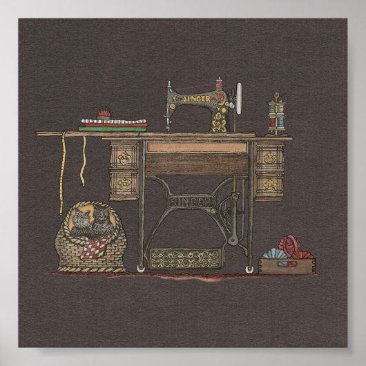 Treadle Sewing Machine & Kittens Poster (Voorkant)
