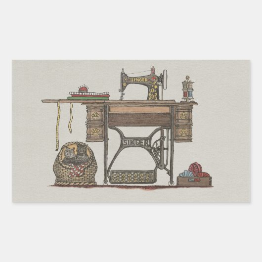 Treadle Sewing Machine & Kittens Rechthoekige Sticker (Voorkant)