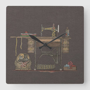 Treadle Sewing Machine & Kittens Vierkante Klok