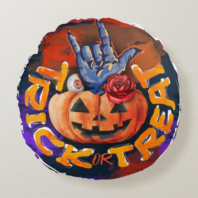Treak of Treat Scary Halloween Pumpkin Rond Kussen (Voorkant)