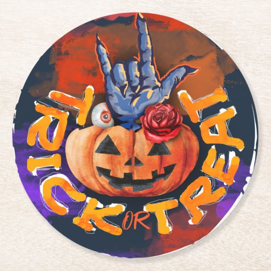 Treak of Treat Scary Halloween Pumpkin Ronde Kartonnen Onderzetter (Voorkant)