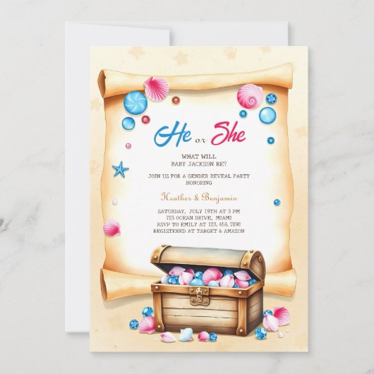 Treasure Chest Beach thema Geslachtsonthullingsfee Kaart (Voorkant)