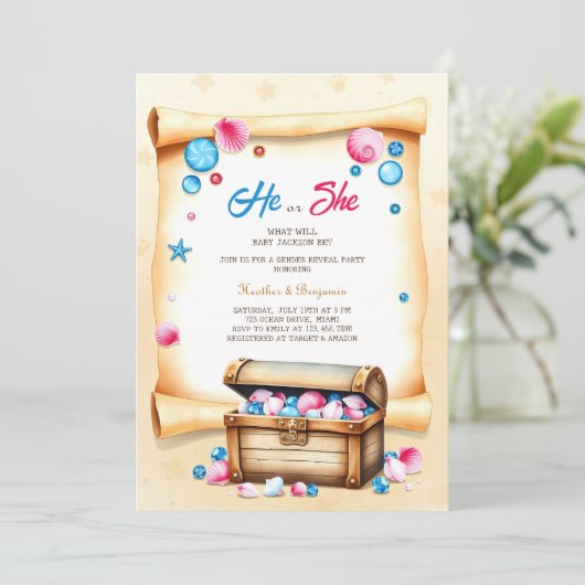 Treasure Chest Beach thema Geslachtsonthullingsfee Kaart (Staand voorkant)