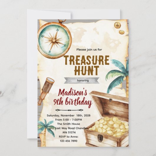 Treasure hunt birthday party theme invitation kaart (Voorkant)
