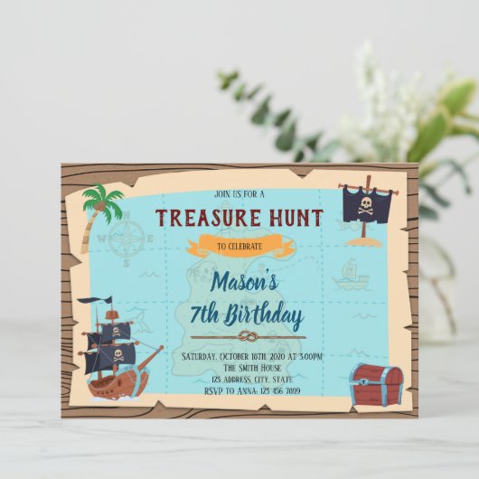 Treasure Hunt pirate verjaardagsuitnodiging Kaart (Staand voorkant)