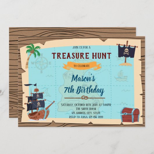 Treasure Hunt pirate verjaardagsuitnodiging Kaart (Voorkant / Achterkant)
