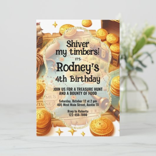 Treasure Hunt Pirate verjaardagsuitnodiging Kaart (Staand voorkant)