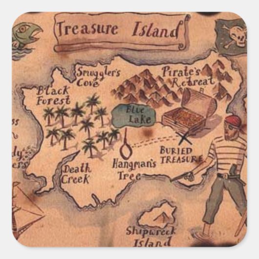 Treasure Island Kaart Vierkante Sticker (Voorkant)