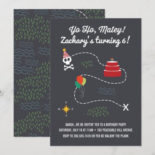 Treasure Map Birthday Invitation, Pirate Card Kaart (Voorkant / Achterkant)