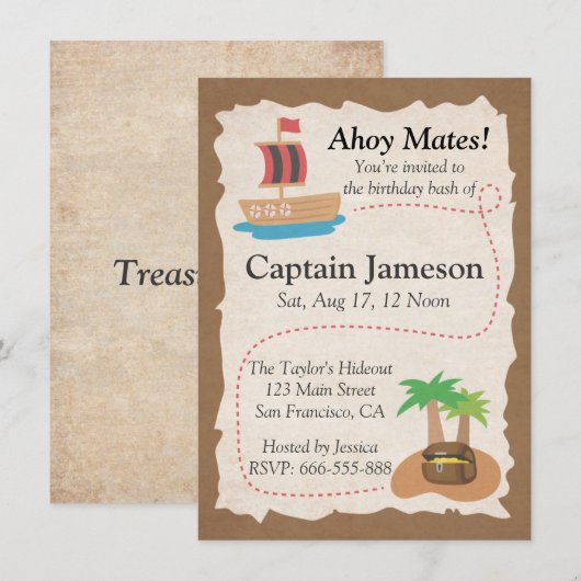 Treasure Map, Pirate Theme Birthday Party Kaart (Voorkant / Achterkant)