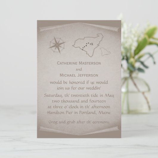 Treasure Map Wedding Invite, Beige Kaart (Staand voorkant)