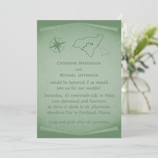 Treasure Map Wedding Invite, Green Kaart (Staand voorkant)