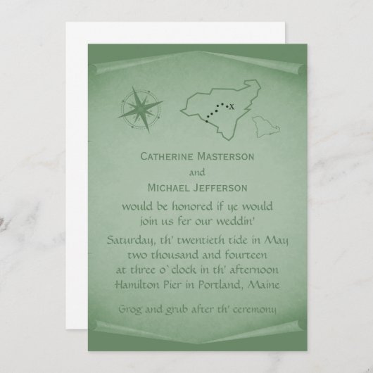 Treasure Map Wedding Invite, Green Kaart (Voorkant / Achterkant)