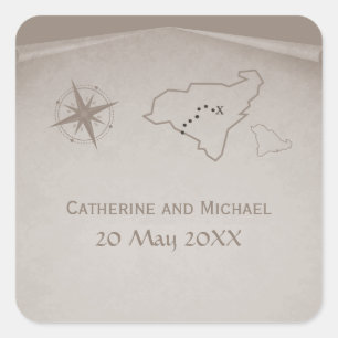 Treasure Map Wedding Stickers, Beige Vierkante Sticker