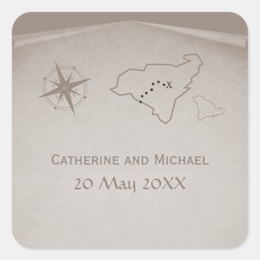 Treasure Map Wedding Stickers, Beige Vierkante Sticker (Voorkant)