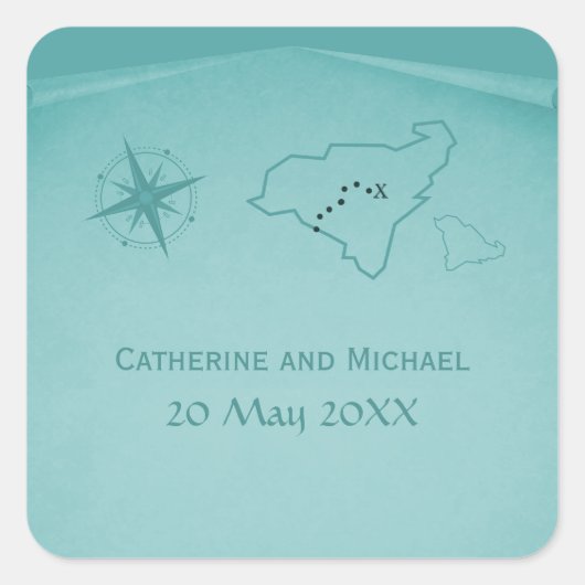 Treasure Map Wedding Stickers, Blauwgroen Vierkante Sticker (Voorkant)