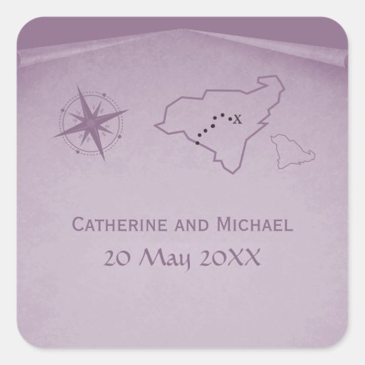 Treasure Map Wedding Stickers, Paars Vierkante Sticker (Voorkant)