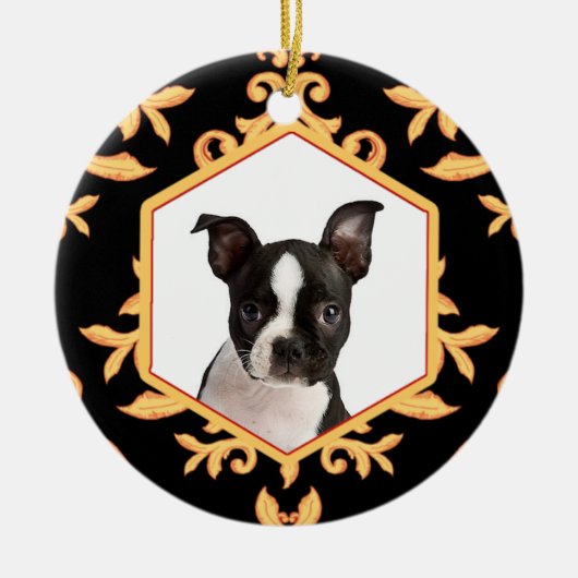Treasured Pets Black & Gold Damask Dog/Cat Photo Keramisch Ornament (Voorkant)