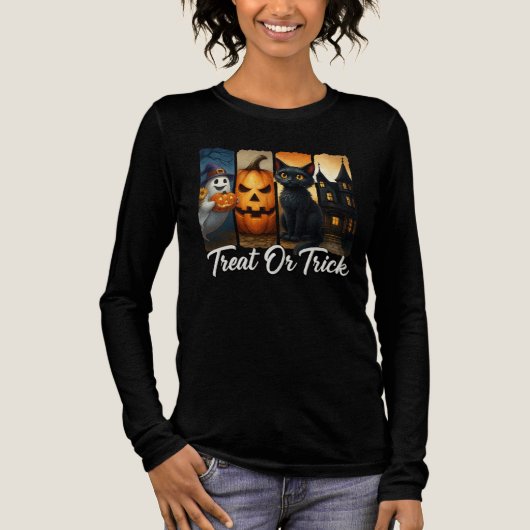 "Treat or Trick" Halloween Brush Stroke Cat Vrouwe Tri-Blend Shirt (Voorkant)