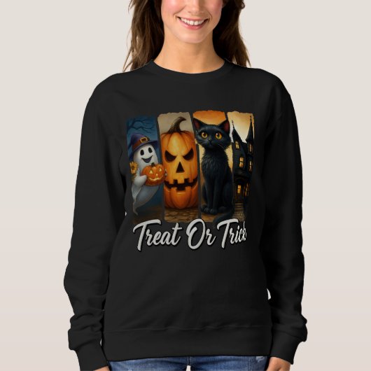 "Treat or Trick" Halloween Brush Stroke Cat Vrouwe Trui (Voorkant)