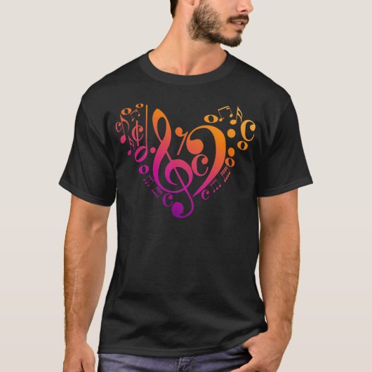 Treble Bass Clef Musical Notes Colorful Heart T-shirt (Voorkant)