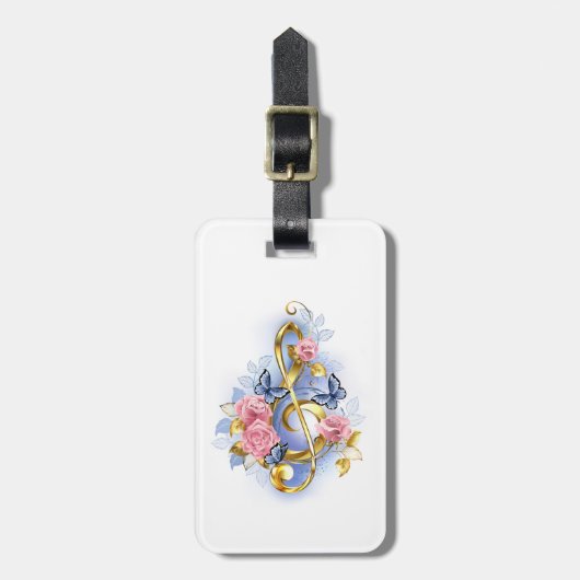 Treble cleart met roze rozen bagagelabel (Voorkant verticaal)