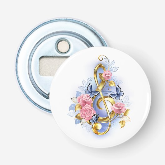 Treble cleart met roze rozen button flesopener (Voorkant)