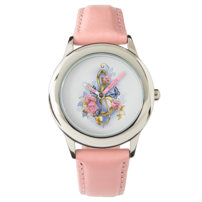 Treble cleart met roze rozen horloge (Voorkant)