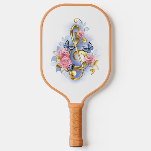 Treble cleart met roze rozen pickleball paddle (Voorkant)