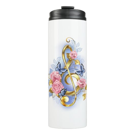 Treble cleart met roze rozen thermosbeker (Voorkant)
