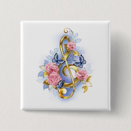 Treble cleart met roze rozen vierkante button 5,1 cm (Voorkant)