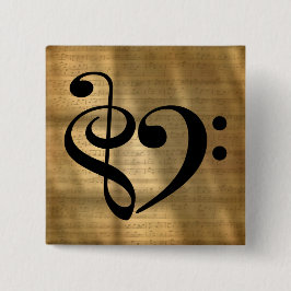Treble Clef Bass Clef Heart Golden Sheet Music Vierkante Button 5,1 Cm