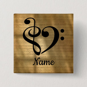 Treble Clef Bass Clef Music Heart Gepersonaliseerd Vierkante Button 5,1 Cm