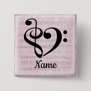 Treble Clef Bass Clef Music Heart Gepersonaliseerd Vierkante Button 5,1 Cm