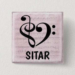 Treble Clef Bass Clef Musical Heart Sitar Vierkante Button 5,1 Cm