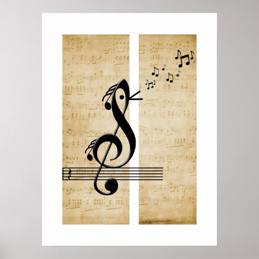 Treble Clef Bird Muzieknoten  Bladmuziek Poster (Voorkant)
