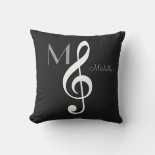 Treble Clef Music Note Monogram Zwart Buitenkussen